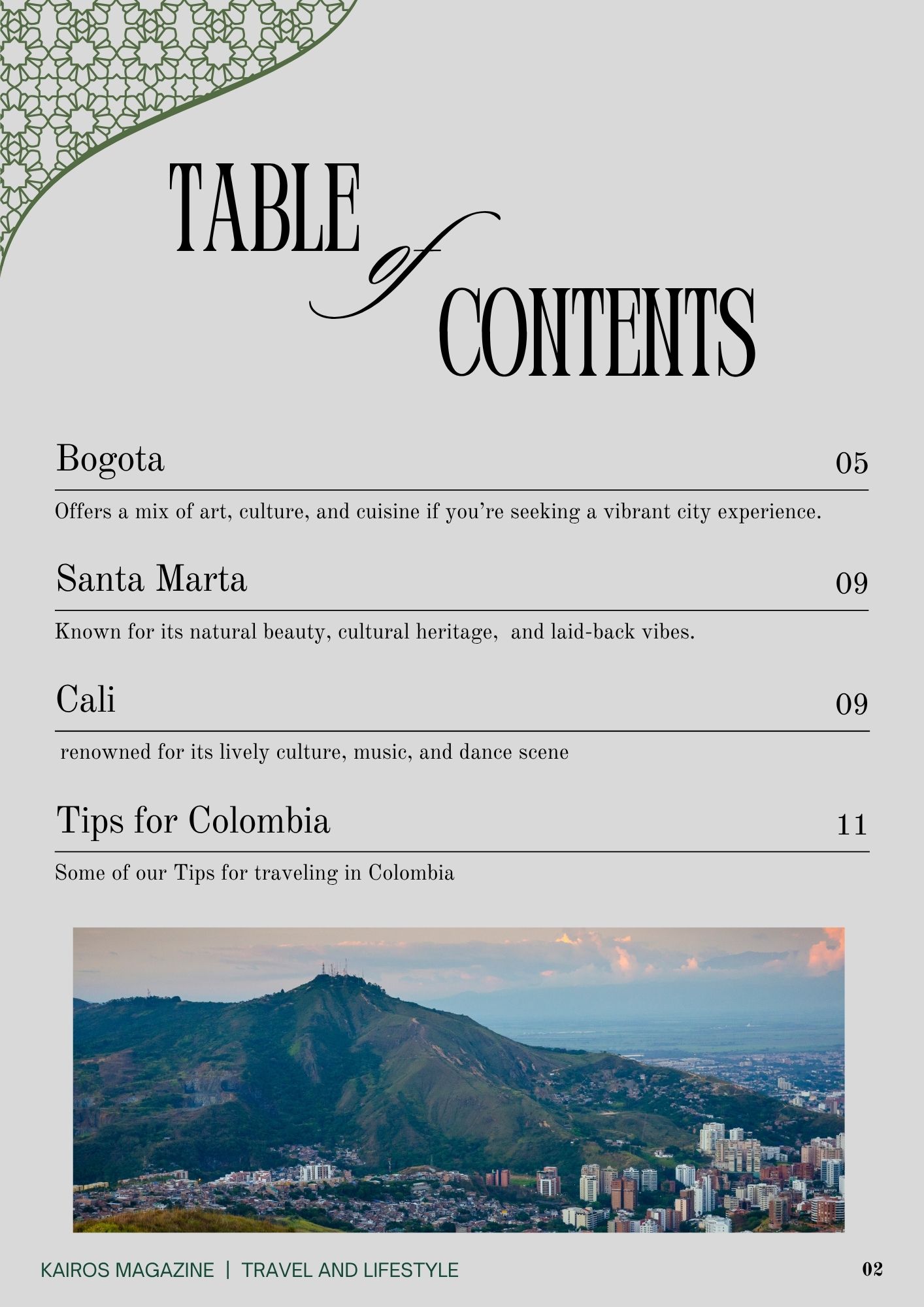Table of contents for Colombia