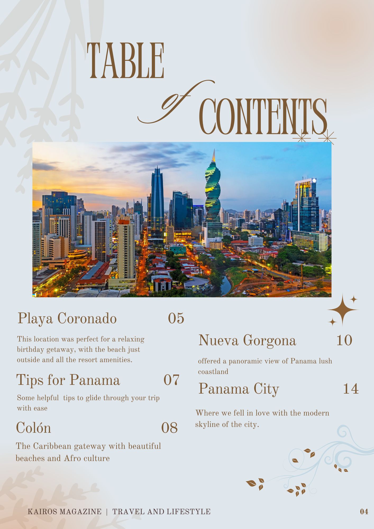 Table of contents for Panama City activities